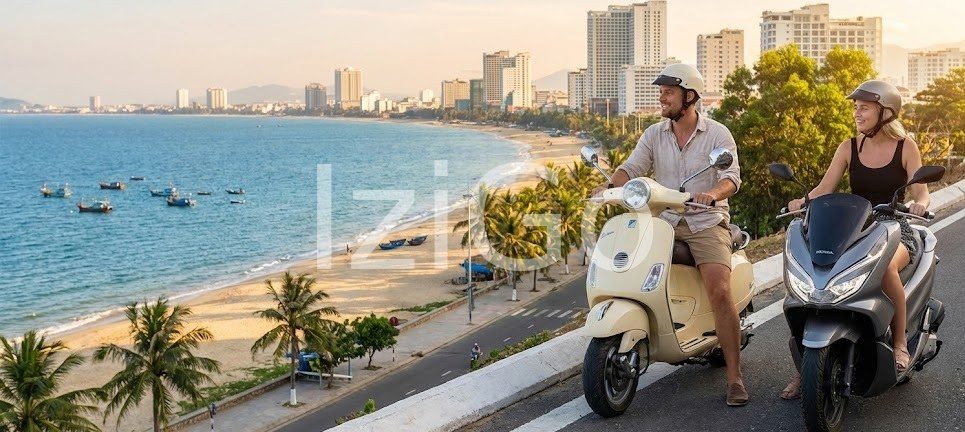 Foreigners riding scooters on a coastal road in Da Nang Vietnam